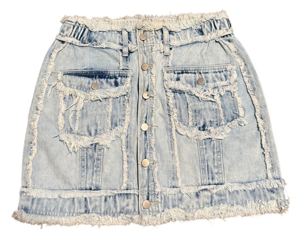 Kiwi Light Wash Frayed Denim Mini Skirt, Utility Button Front, Medium, NWT